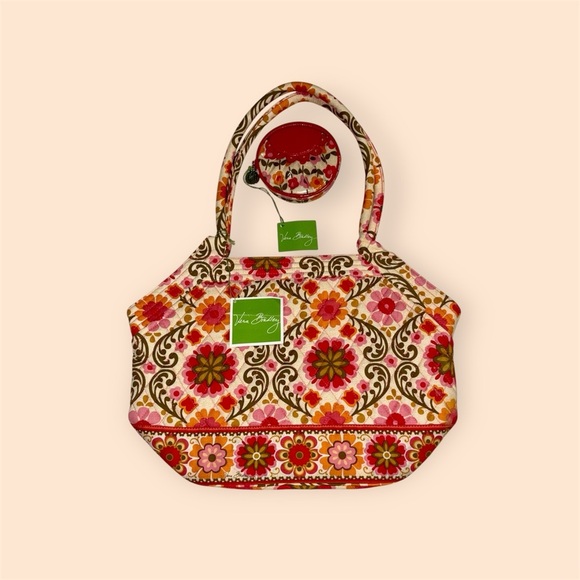 Vera Bradley Handbags - Vera Bradley Pink and Red Tote and Coin Purse with Floral Geometric Design